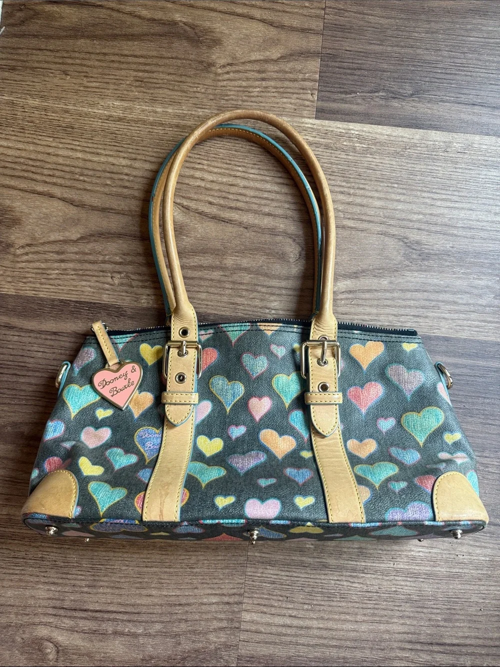 Vintage Dooney & Bourke Crayon Hearts Satchel Y2K Multicolor Heart Handbag